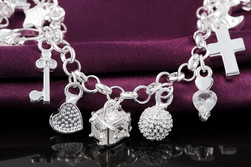 Hot solid 925 Sterling silver Bracelets for woman crystal Heart star cross Pendant Wedding party Christmas Gifts fashion Jewelry - Image 3