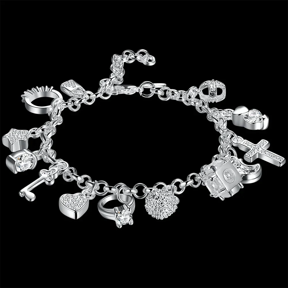 Hot solid 925 Sterling silver Bracelets for woman crystal Heart star cross Pendant Wedding party Christmas Gifts fashion Jewelry
