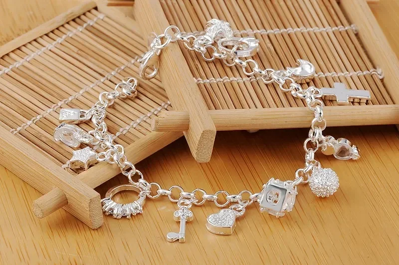 Hot solid 925 Sterling silver Bracelets for woman crystal Heart star cross Pendant Wedding party Christmas Gifts fashion Jewelry - Image 5