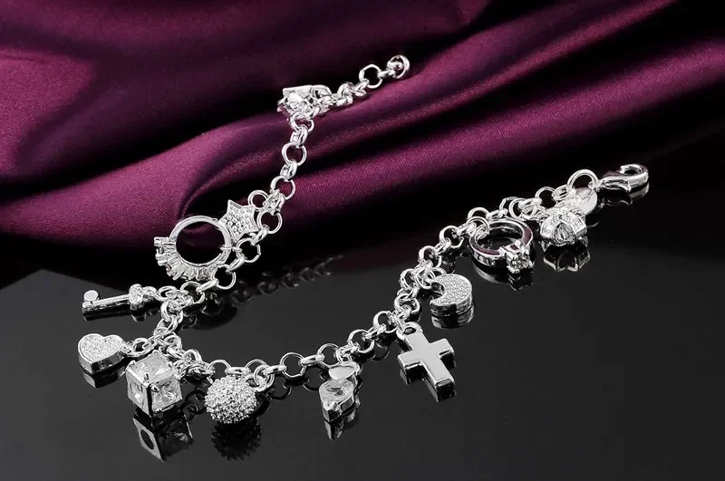 Hot solid 925 Sterling silver Bracelets for woman crystal Heart star cross Pendant Wedding party Christmas Gifts fashion Jewelry - Image 4