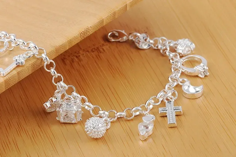 Hot solid 925 Sterling silver Bracelets for woman crystal Heart star cross Pendant Wedding party Christmas Gifts fashion Jewelry - Image 6