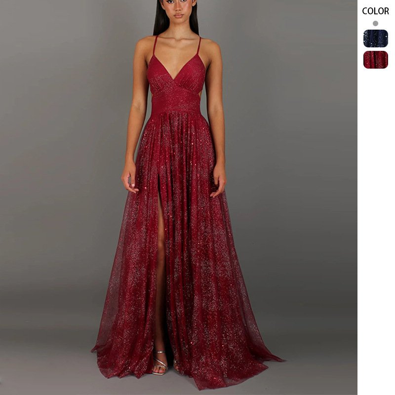 Elegant Womens V-neck Sleeveless Strapless Dress With A Flared Hem High Waist Split Women Long Dresses Party Dress - Image 4